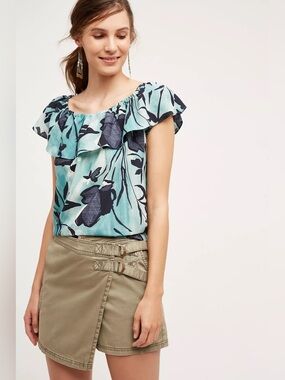ANTHROPOLOGIE Maeve Islander Off-The-Shoulder Top in Turquoise Floral